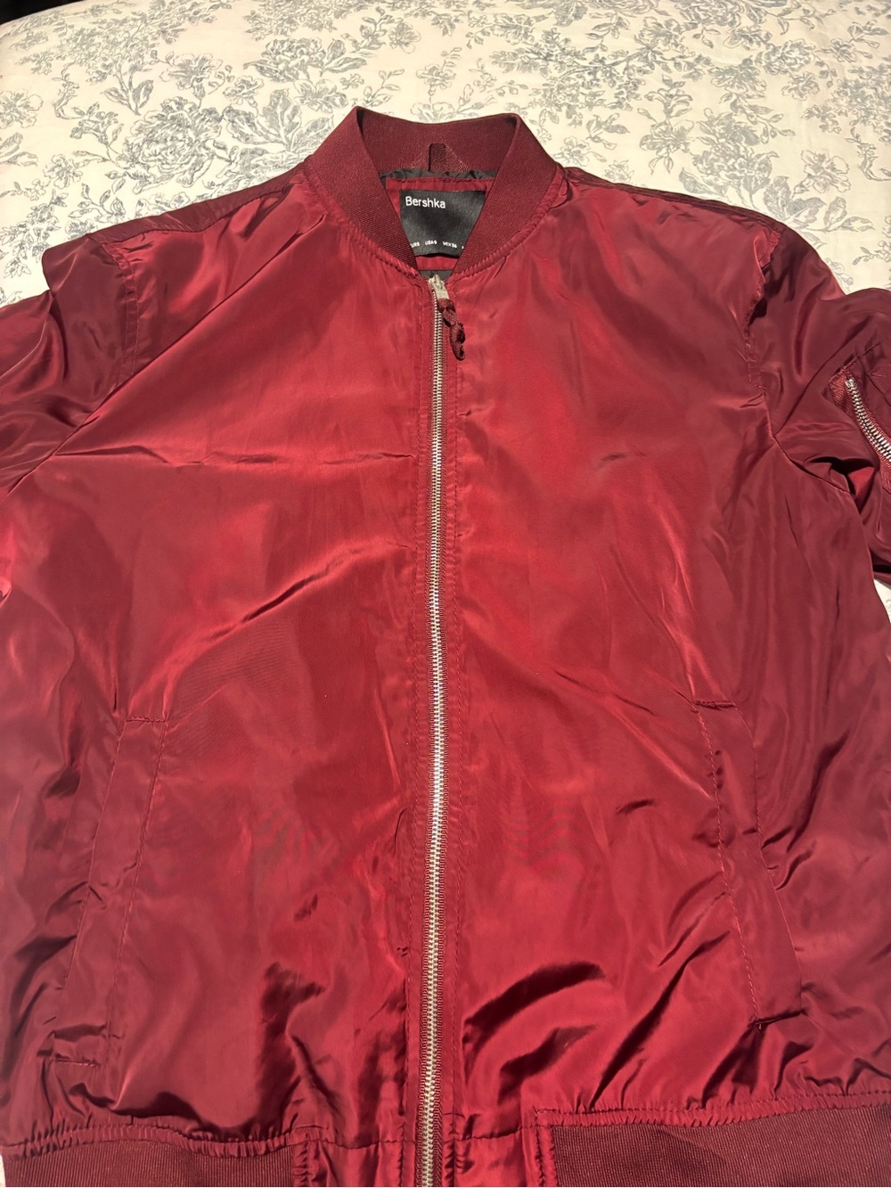 Bershka Men's Red Satin Bomber Jacket